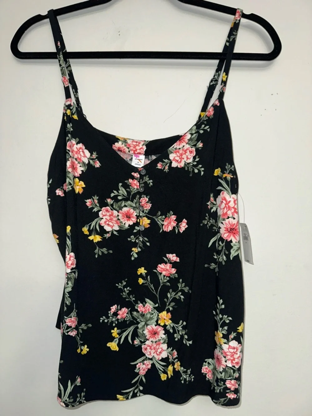 Floral V-Neck Spaghetti Strap Top - Black w/ Pink & Yellow Flowers, M - Picture 4 of 9